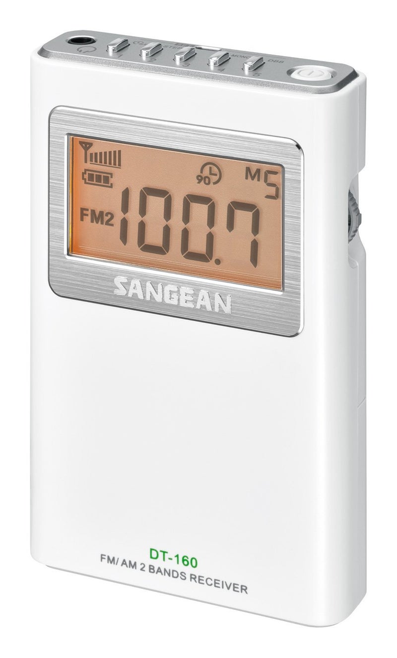 SANGEAN راديو جيب ستيريو SANGEAN DT-160 AM/FM مع ما يصل إلى 100 ساعة تشغيل على بطاريتين AA (أبيض) - Image 1
